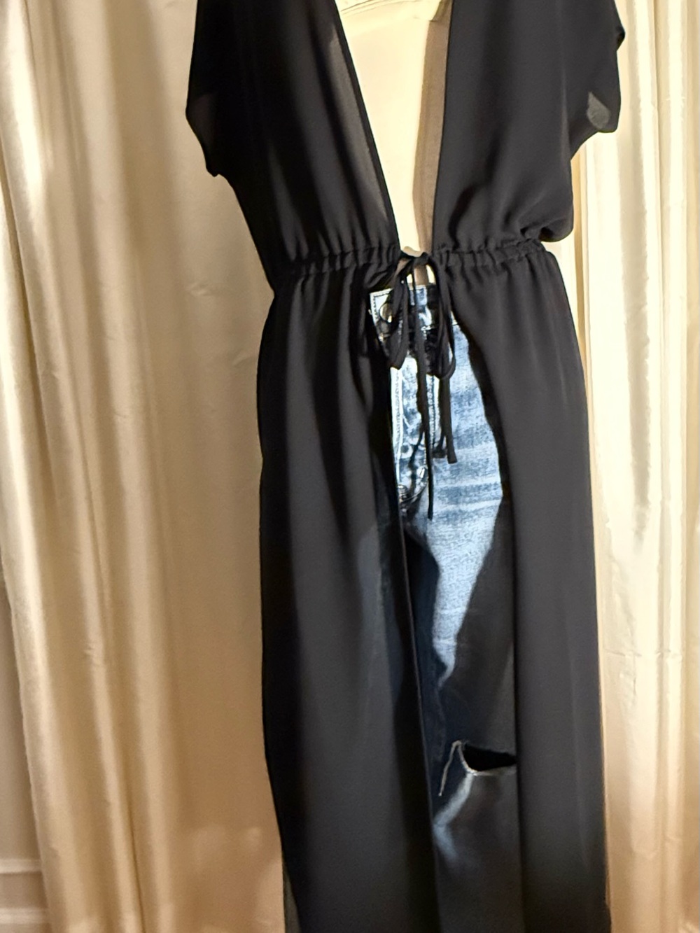 J. Jill Black Sheer Open-Front Duster with Tie